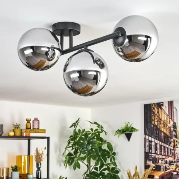 hofstein Gastor Plafonnier, Boule lumineuse Chrome, Fumé, 3 lumières* Lampes Modernes