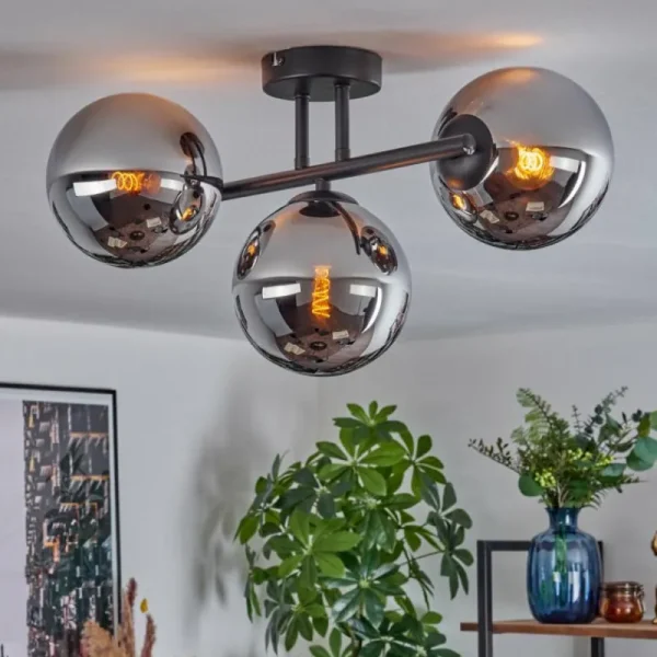 hofstein Gastor Plafonnier, Boule lumineuse Chrome, Fumé, 3 lumières* Lampes Modernes