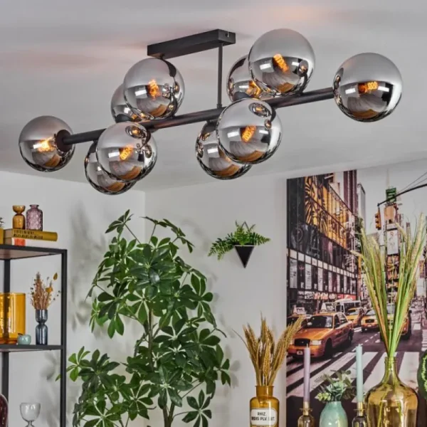 hofstein Gastor Plafonnier, Boule lumineuse Chrome, Fumé, 10 lumières* Lampes Modernes