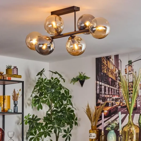 hofstein Gastor Plafonnier, Boule lumineuse Ambre, Fumé, 6 lumières* Lampes Modernes
