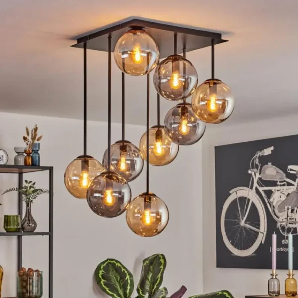 hofstein Gastor Plafonnier, Boule lumineuse Ambre, Fumé, 9 lumières* Lampes Modernes