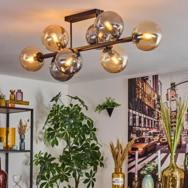hofstein Gastor Plafonnier, Boule lumineuse Ambre, Fumé, 8 lumières* Lampes Modernes