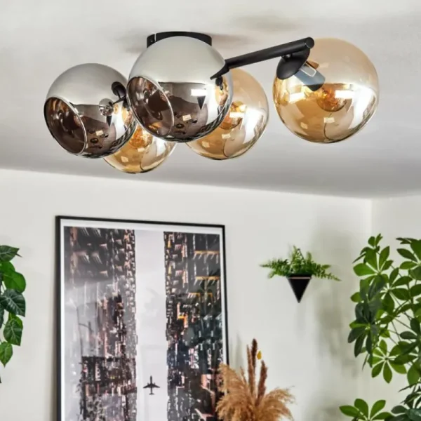 hofstein Gastor Plafonnier, Boule lumineuse Ambre, Chrome, Fumé, 5 lumières* Lampes Modernes