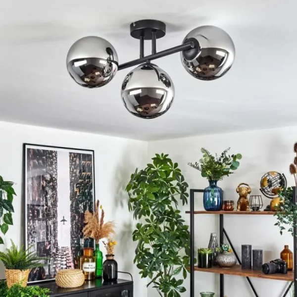 hofstein Gastor Plafonnier, Boule lumineuse Chrome, Fumé, 3 lumières* Lampes Modernes