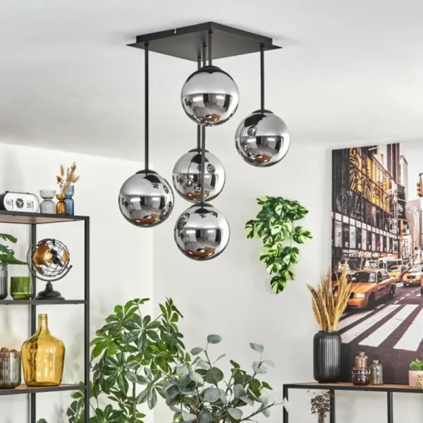 hofstein Gastor Plafonnier, Boule lumineuse Chrome, Fumé, 5 lumières* Lampes Modernes