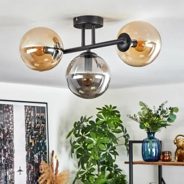 hofstein Gastor Plafonnier, Boule lumineuse Ambre, Fumé, 3 lumières* Lampes Modernes