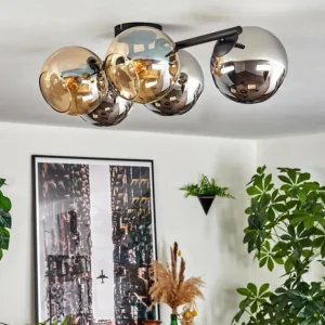 hofstein Gastor Plafonnier, Boule lumineuse Ambre, Chrome, Fumé, 5 lumières* Lampes Modernes
