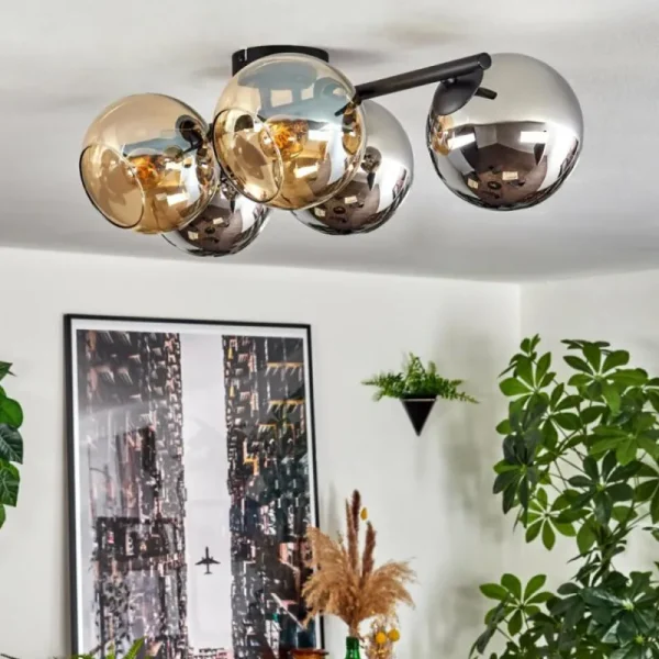 hofstein Gastor Plafonnier, Boule lumineuse Ambre, Chrome, Fumé, 5 lumières* Lampes Modernes