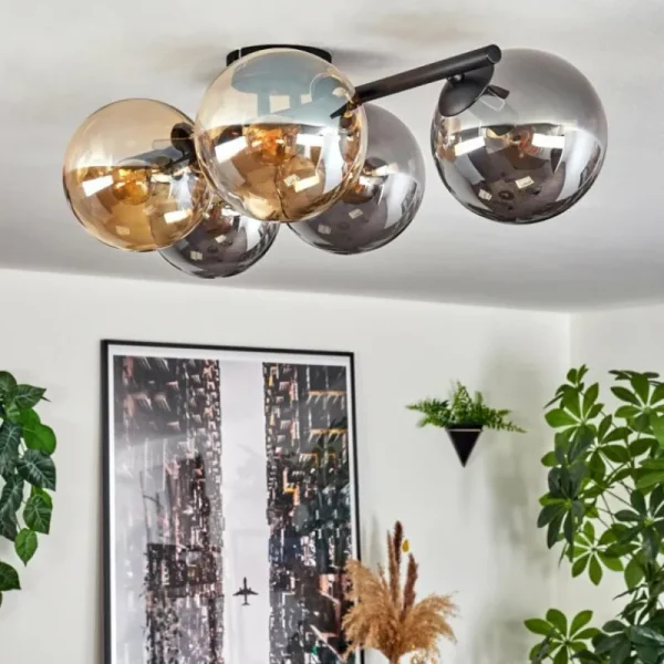 hofstein Gastor Plafonnier, Boule lumineuse Ambre, Fumé, 5 lumières* Lampes Modernes