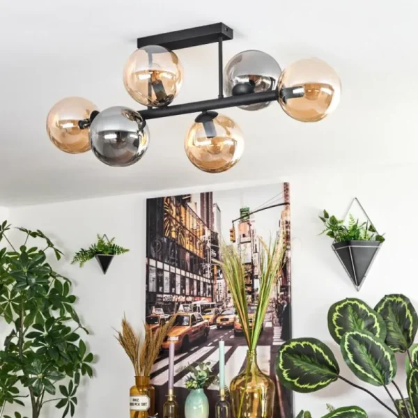 hofstein Gastor Plafonnier, Boule lumineuse Ambre, Fumé, 6 lumières* Lampes Modernes