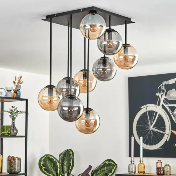 hofstein Gastor Plafonnier, Boule lumineuse Ambre, Fumé, 9 lumières* Lampes Modernes