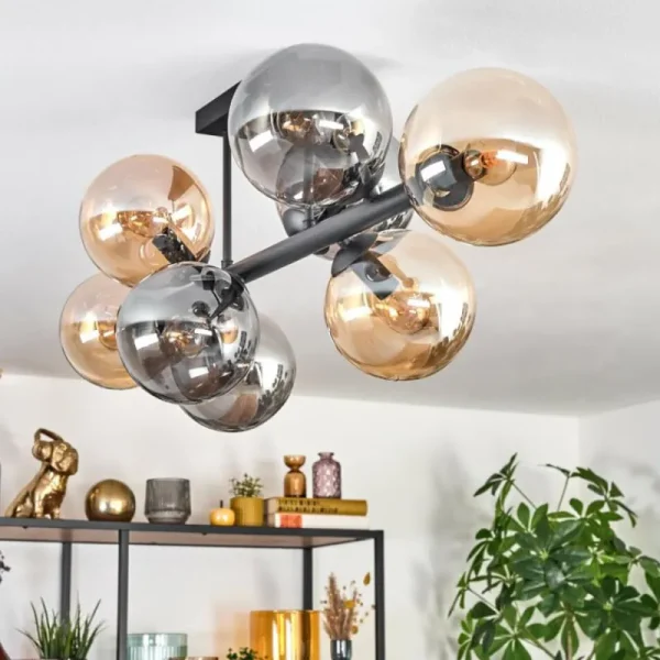 hofstein Gastor Plafonnier, Boule lumineuse Ambre, Fumé, 8 lumières* Lampes Modernes