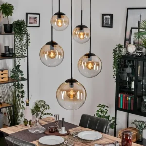 hofstein Gastor Suspension, Boule lumineuse, Suspension Ambre, Clair, 5 lumières* Lampes En Verre