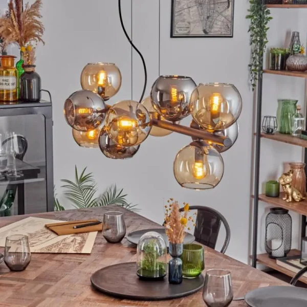 hofstein Gastor Suspension, Boule lumineuse, Suspension Ambre, Chrome, Fumé, 10 lumières* Lampes Modernes