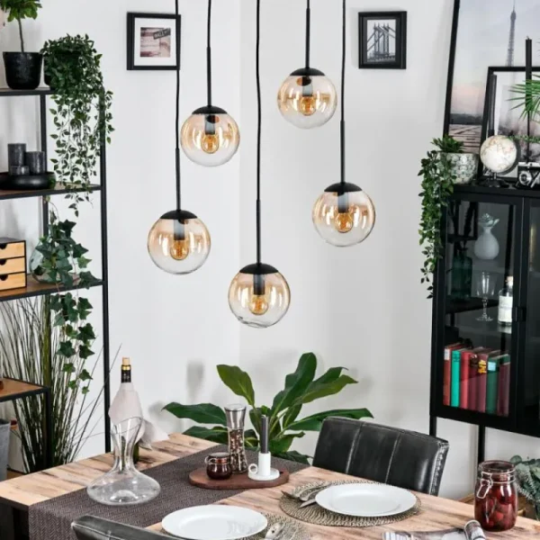 hofstein Gastor Suspension, Boule lumineuse, Suspension Ambre, Clair, 5 lumières* Lampes En Verre