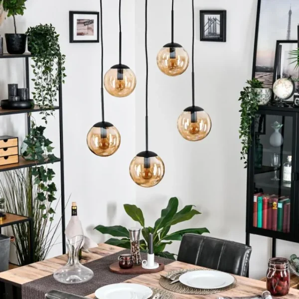 hofstein Gastor Suspension, Boule lumineuse, Suspension Ambre, 5 lumières* Lampes En Verre