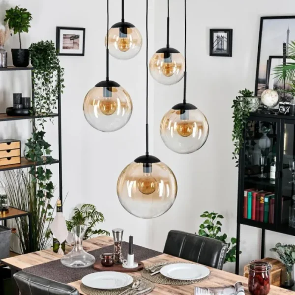 hofstein Gastor Suspension, Boule lumineuse, Suspension Ambre, Clair, 5 lumières* Lampes En Verre