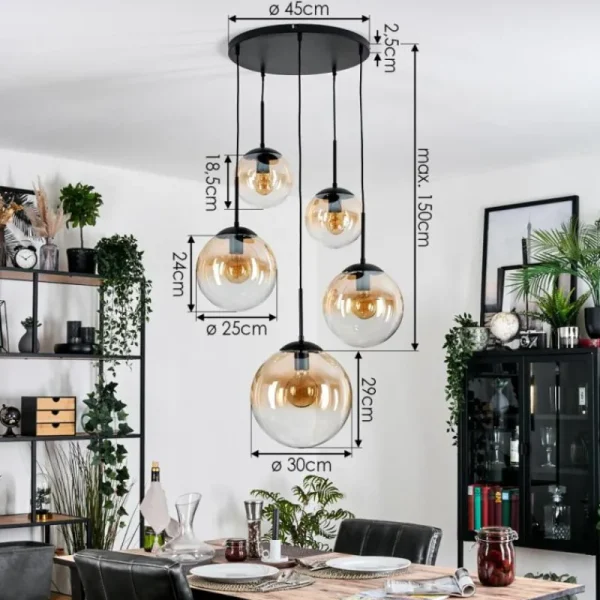 hofstein Gastor Suspension, Boule lumineuse, Suspension Ambre, Clair, 5 lumières* Lampes En Verre