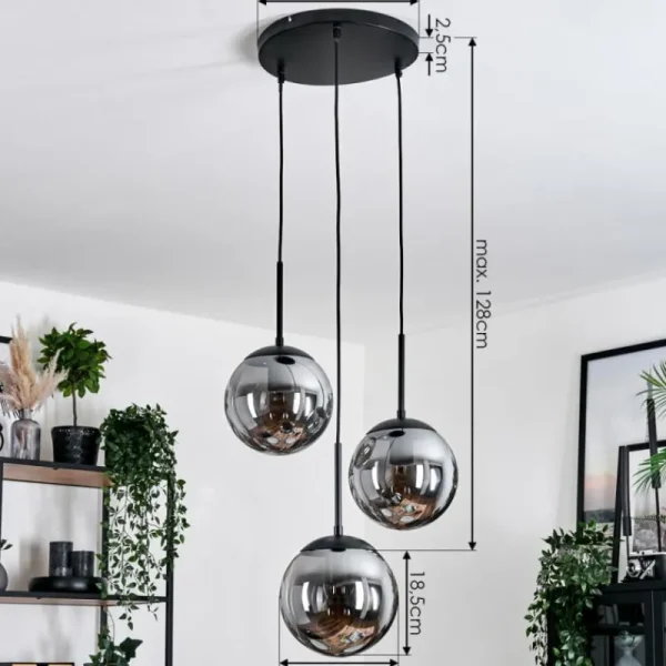 hofstein Gastor Suspension, Boule lumineuse 30 cm Chrome, Fumé, 3 lumières* Lampes Modernes