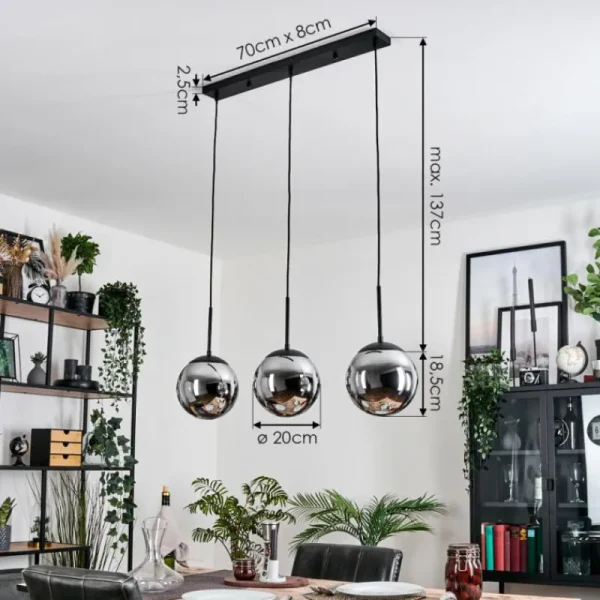 hofstein Gastor Suspension, Boule lumineuse Chrome, Fumé, 3 lumières* Lampes Modernes