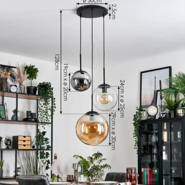 hofstein Gastor Suspension, Boule lumineuse 30 cm Ambre, Clair, Fumé, 3 lumières* Lampes Modernes