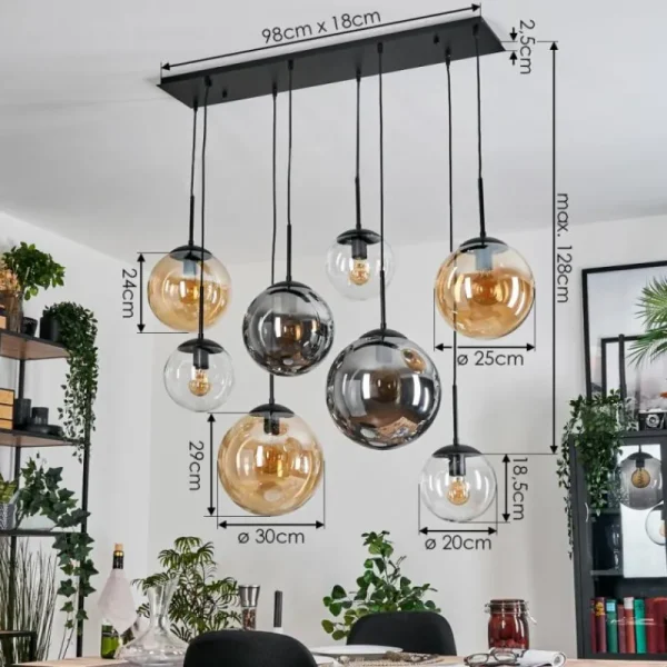 hofstein Gastor Suspension, Boule lumineuse, Suspension Ambre, Clair, Fumé, 8 lumières* Lampes Modernes