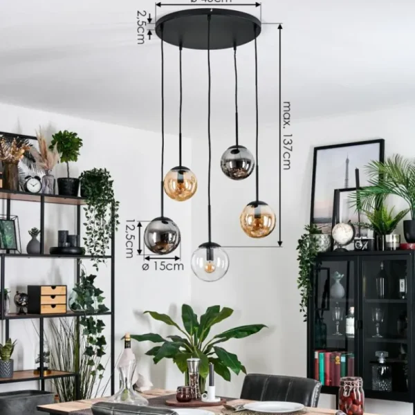 hofstein Gastor Suspension, Boule lumineuse, Suspension Ambre, Clair, Fumé, 5 lumières* Lampes Modernes