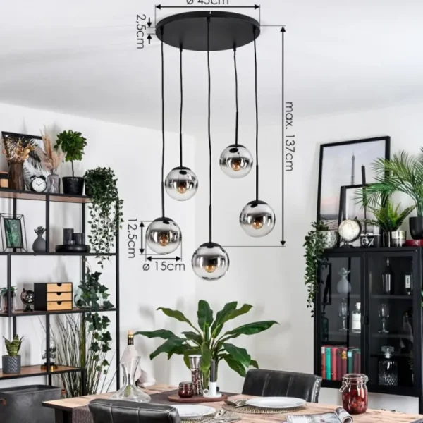 hofstein Gastor Suspension, Boule lumineuse, Suspension Chrome, Clair, Fumé, 5 lumières* Lampes Modernes