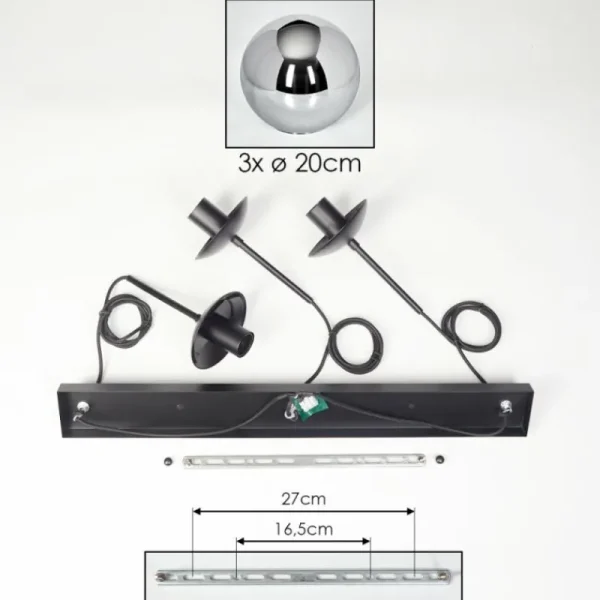 hofstein Gastor Suspension, Boule lumineuse Chrome, Fumé, 3 lumières* Lampes Modernes