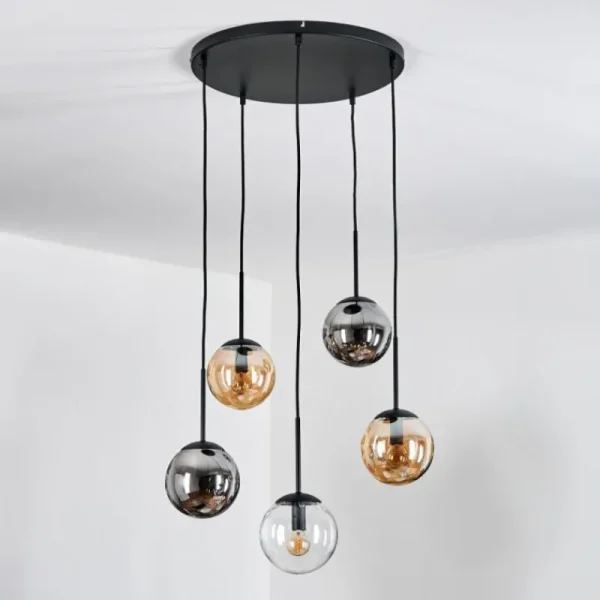 hofstein Gastor Suspension, Boule lumineuse, Suspension Ambre, Clair, Fumé, 5 lumières* Lampes Modernes