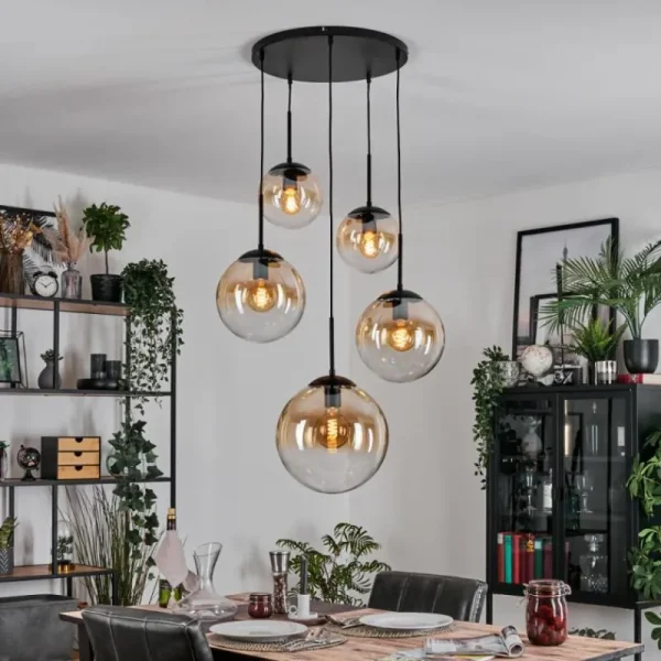 hofstein Gastor Suspension, Boule lumineuse, Suspension Ambre, Clair, 5 lumières* Lampes En Verre