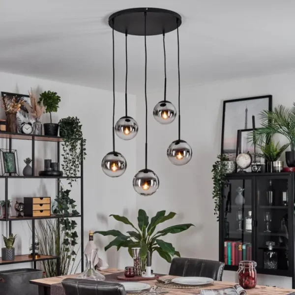 hofstein Gastor Suspension, Boule lumineuse, Suspension Chrome, Clair, Fumé, 5 lumières* Lampes Modernes