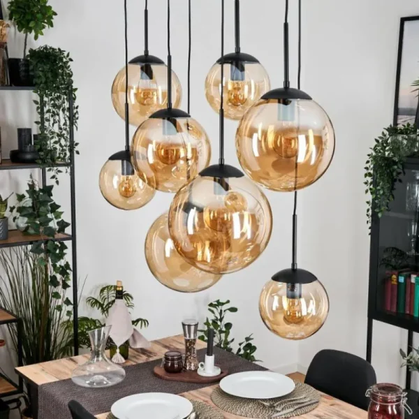 hofstein Gastor Suspension, Boule lumineuse, Suspension Ambre, 8 lumières* Lampes En Verre