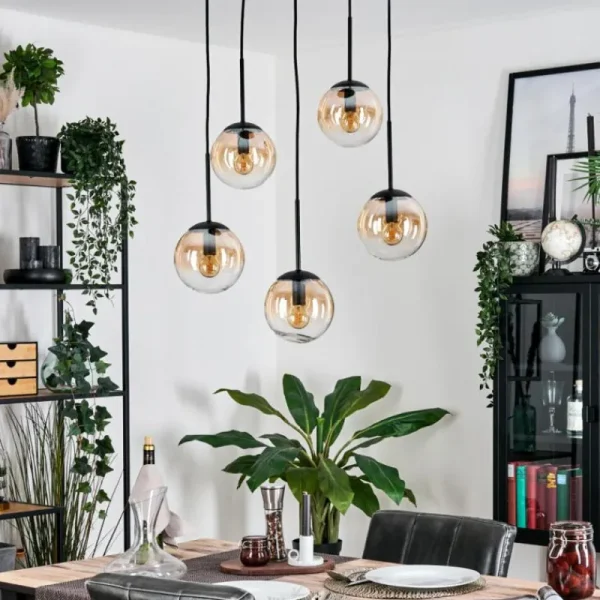 hofstein Gastor Suspension, Boule lumineuse, Suspension Ambre, Clair, 5 lumières* Lampes En Verre
