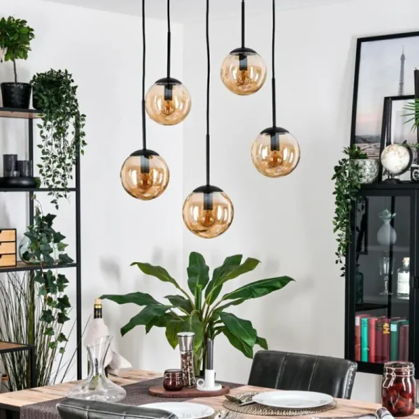 hofstein Gastor Suspension, Boule lumineuse, Suspension Ambre, 5 lumières* Lampes En Verre