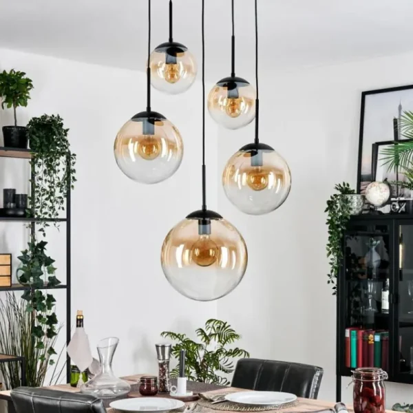 hofstein Gastor Suspension, Boule lumineuse, Suspension Ambre, Clair, 5 lumières* Lampes En Verre