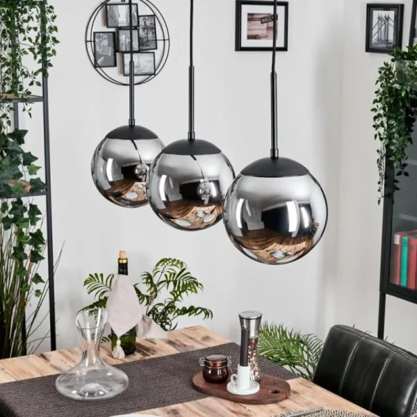 hofstein Gastor Suspension, Boule lumineuse Chrome, Fumé, 3 lumières* Lampes Modernes