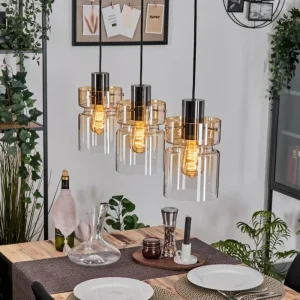 hofstein Hasvik Suspension, Suspension Chrome, Noir, 3 lumières* Lampes En Verre