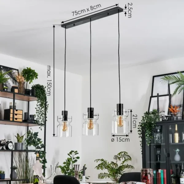 hofstein Hasvik Suspension, Suspension Chrome, Noir, 3 lumières* Lampes En Verre