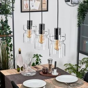 hofstein Hasvik Suspension, Suspension Chrome, Noir, 3 lumières* Lampes En Verre