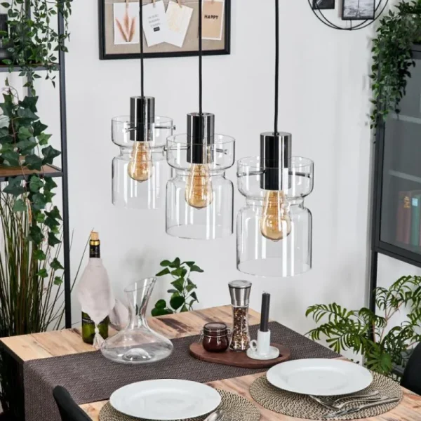 hofstein Hasvik Suspension, Suspension Chrome, Noir, 3 lumières* Lampes En Verre
