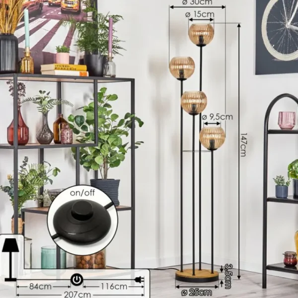 hofstein Koyoto Lampadaire 30 cm Bois foncé, Noir, 4 lumières* Lampes Modernes