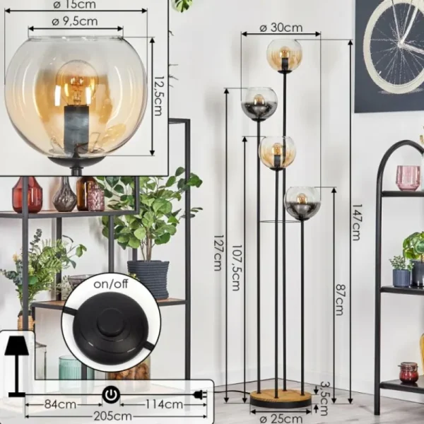 hofstein Koyoto Lampadaire 30 cm Bois foncé, Noir, 4 lumières* Lampes Modernes