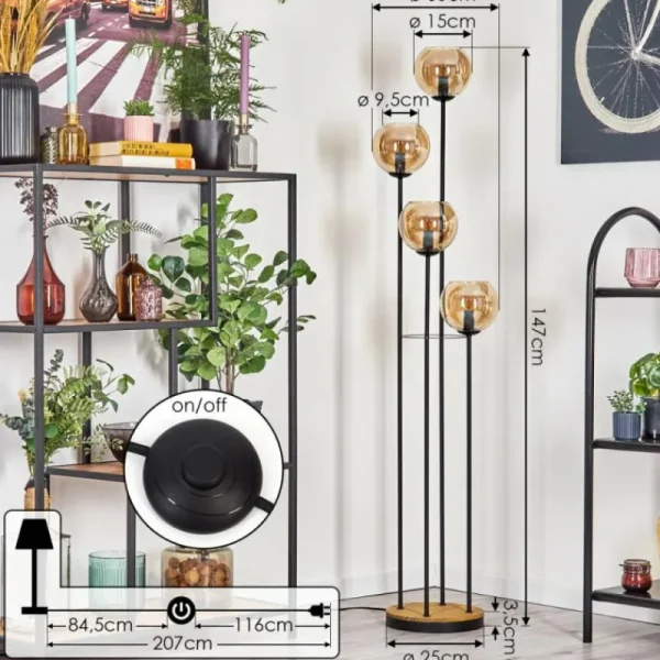 hofstein Koyoto Lampadaire 30 cm Bois foncé, Noir, 4 lumières* Lampes Modernes