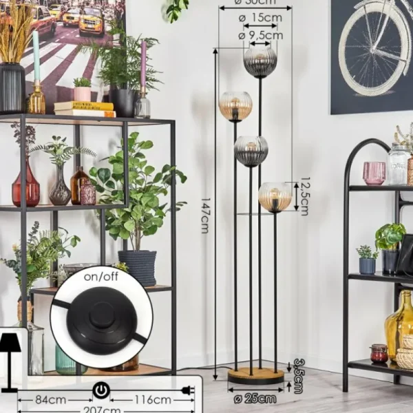 hofstein Koyoto Lampadaire 30 cm Bois foncé, Noir, 4 lumières* Lampes Modernes