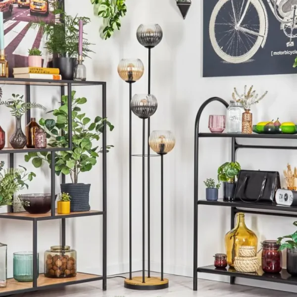 hofstein Koyoto Lampadaire 30 cm Bois foncé, Noir, 4 lumières* Lampes Modernes