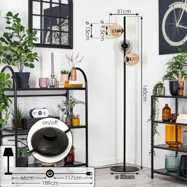hofstein Koyoto Lampadaire Ambre, Chrome, Fumé, 3 lumières* Lampes Modernes