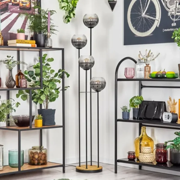 hofstein Koyoto Lampadaire Bois foncé, Noir, 4 lumières* Lampes Modernes