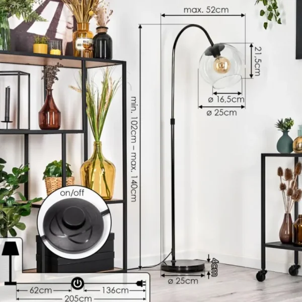 hofstein Koyoto Lampadaire Chrome, Noir, 1 lumière* Lampes En Verre