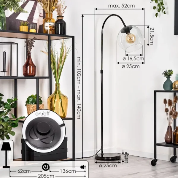 hofstein Koyoto Lampadaire Chrome, Noir, 1 lumière* Lampes En Verre